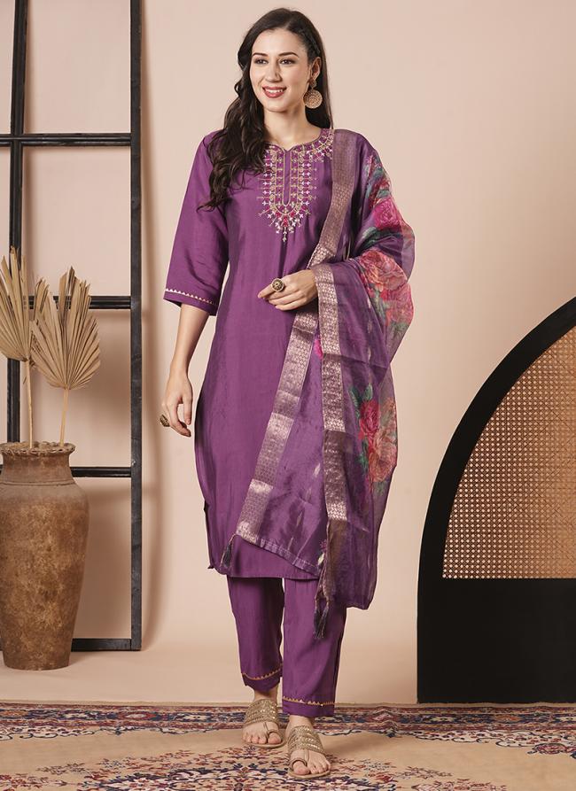 Viscose Chanderi Purple Festival Wear Embroidery Work Readymade Kurti Set